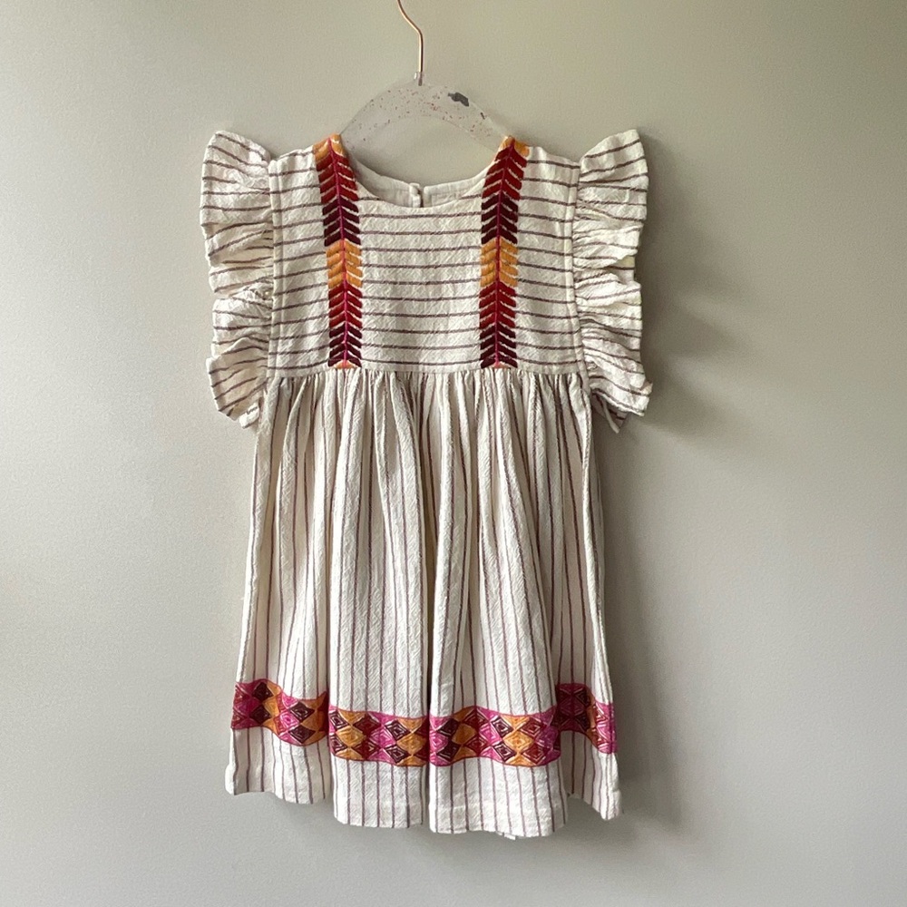 Pink Chicken Embroidered Striped Dress